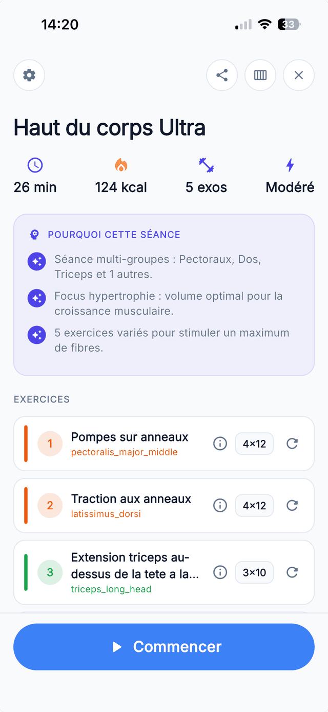 Interface app Kinesis Coach — séance Haut du corps avec exercices et suivi en temps réel